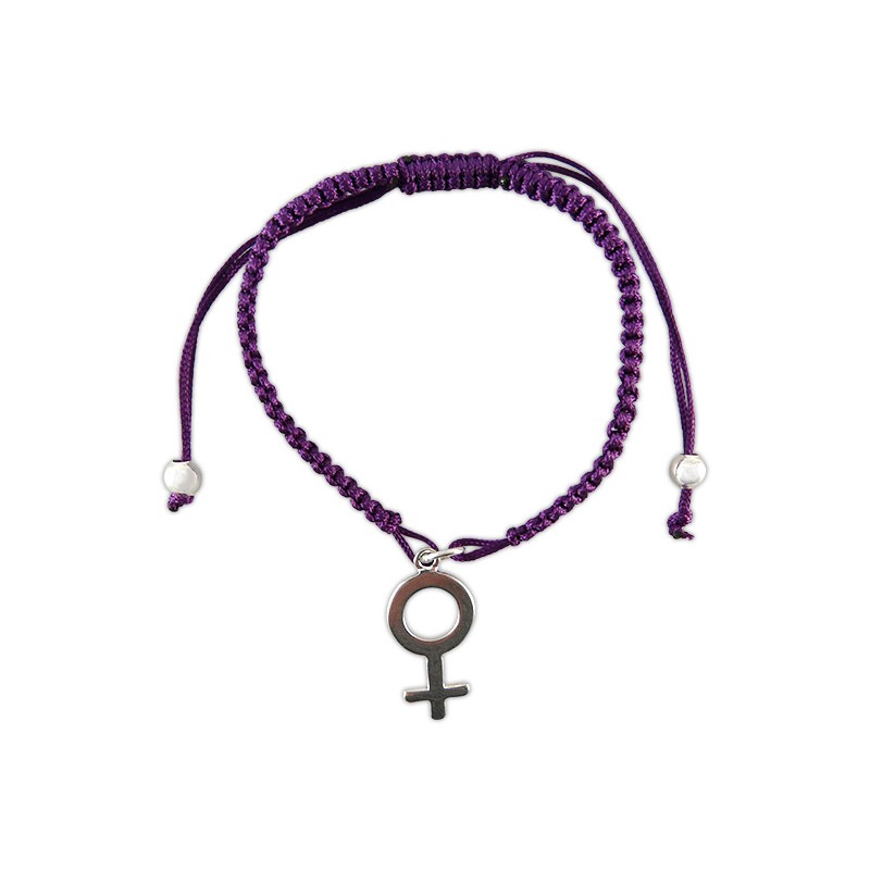 Pulsera axustable de macramé en color lila con el símbolo feminista.