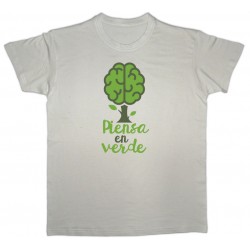 Camiseta beige co cerebro verde "Piensa en verde"